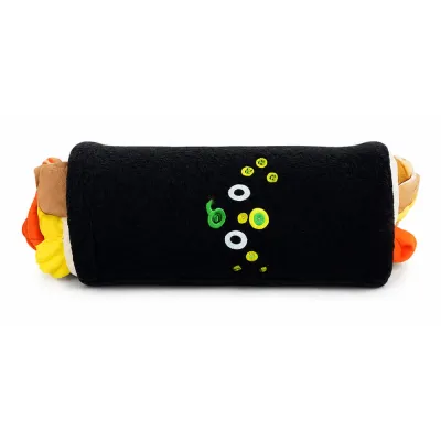Seaweed Sushi Plush Dog Toy Front View Black seaweed sushi plush dog toy with colorful fabric strips and soft squeaky design for puppies and small dogs