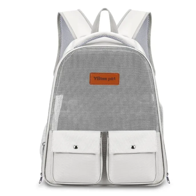 White lightweight cat carrier backpack with breathable mesh and storage pockets