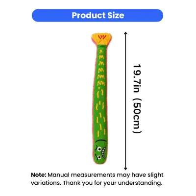 Size chart of long fish-shaped catnip plush toy measuring 19.7 inches for cats