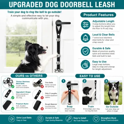 Upgraded Dog Doorbell Leash for Potty Training Dogs Upgraded dog doorbell leash hanging on door handle for indoor dog potty training