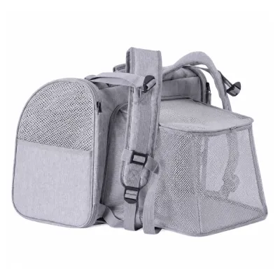 Grey Expandable Mesh Cat Carrier Backpack for Small Pets Grey expandable pet carrier backpack with breathable mesh extension for cats and small animals