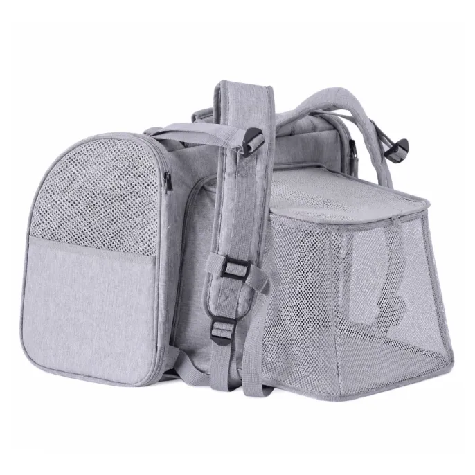 Grey expandable pet carrier backpack with breathable mesh extension for cats and small animals