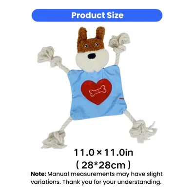 Size chart of 11 inch plush crinkle rope dog toy measuring 28 x 28 cm for small and medium dogs