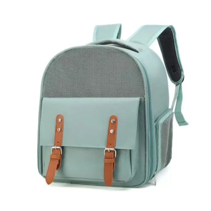 Green outdoor cat carrier backpack with breathable mesh and lightweight structure