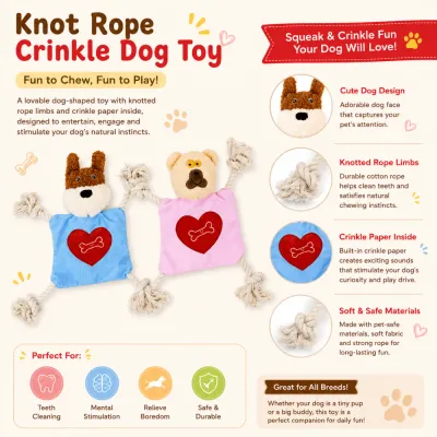 Interactive knot rope crinkle dog toy with squeaky sound, cotton rope limbs, and soft plush material for dogs