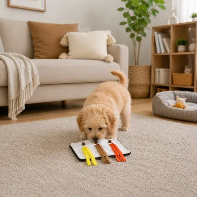 Puppy Playing with Sushi Snuffle Dog Toy Indoors | Petfairs Cute puppy using sushi snuffle dog toy with hidden treat pockets on carpet in cozy living room