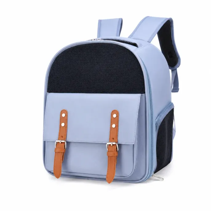 Blue breathable cat travel backpack with side mesh ventilation and secure buckle design