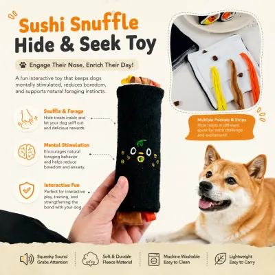 Sushi Snuffle Hide and Seek Dog Toy with Treat Pockets Sushi snuffle hide and seek dog toy with multiple treat pockets, squeaker and soft fleece material for dog enrichment play