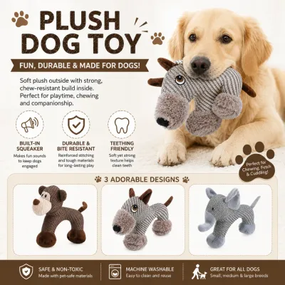 Bite Resistant Plush Dog Toy with Built In Squeaker Plush squeaky dog toy with chew resistant stitching and soft fabric for teething dogs