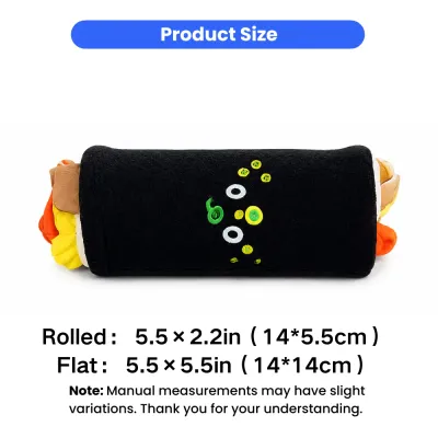 Seaweed Sushi Plush Dog Toy Size Chart Size chart of seaweed sushi plush dog toy showing rolled and flat dimensions in inches and centimeters