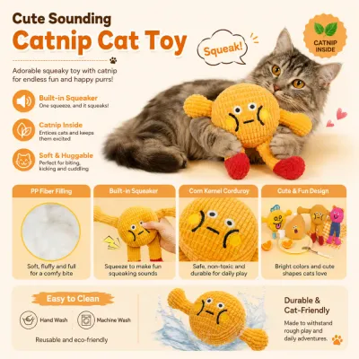 Plush Cat Toy Size Guide for Interactive Play Size chart of plush squeaky catnip cat toys with detailed dimensions in inches and centimeters