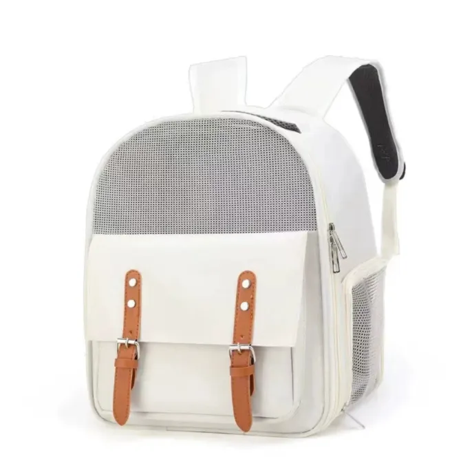 White breathable pet backpack carrier with side mesh ventilation and spacious interior