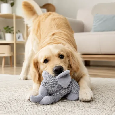Golden Retriever Playing with Plush Elephant Dog Toy Golden retriever chewing soft plush elephant dog toy indoors on carpet