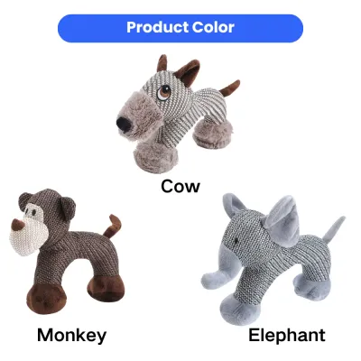 Plush Squeaky Dog Toy Animal Designs for Pet Stores Plush dog toys available in cow monkey and elephant styles for puppies and medium dogs