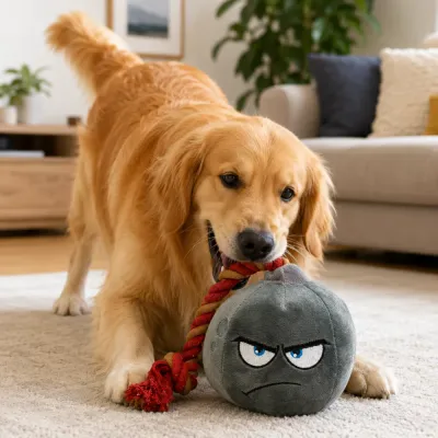 Golden Retriever Playing with Plush Rope Dog Toy Golden retriever chewing grey plush rope dog toy indoors on carpet