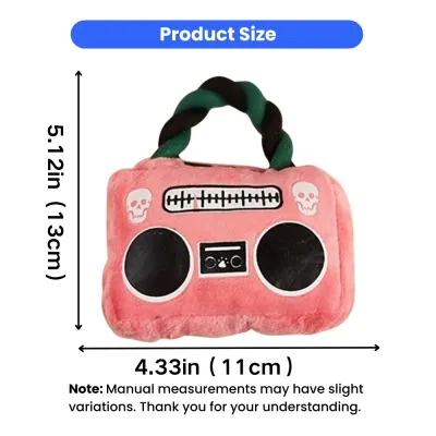 Small Plush Squeaky Dog Toy Size Details Size chart of plush squeaky dog toy measuring 4.33in x 5.12in for small and medium dogs