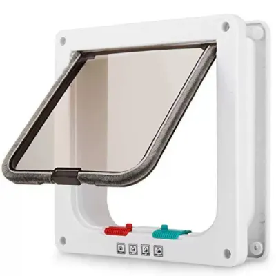 4 Way Locking Cat Flap Door for Interior & Exterior Use White 4 way locking cat flap door with transparent swing flap for indoor and outdoor pet access