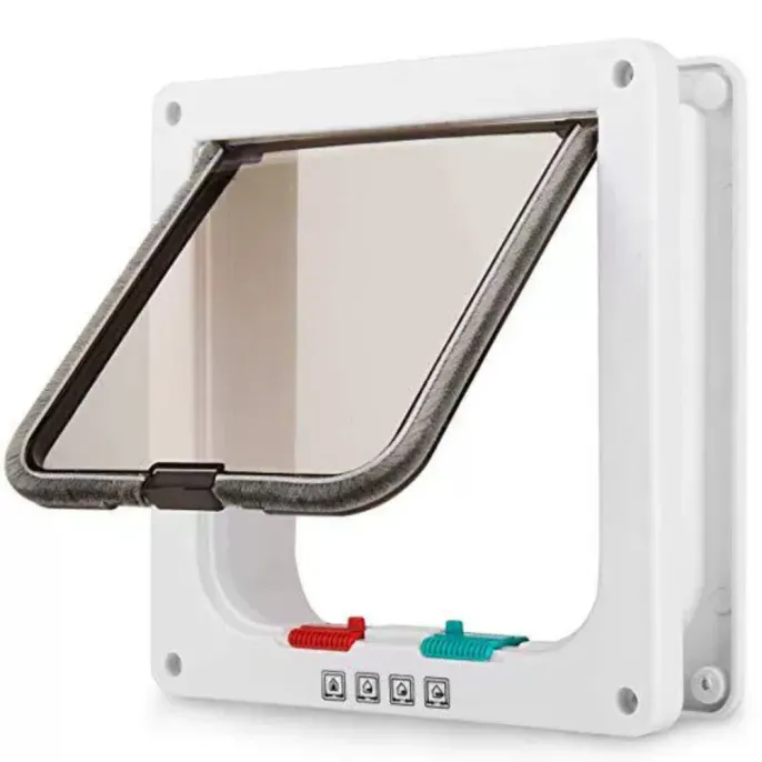 4 Way Locking Cat Flap Door for Interior & Exterior Use White 4 way locking cat flap door with transparent swing flap for indoor and outdoor pet access