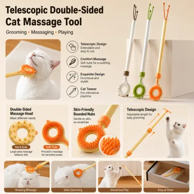 Multi-functional cat massage and grooming tool with soft nub massage head and teaser wand
