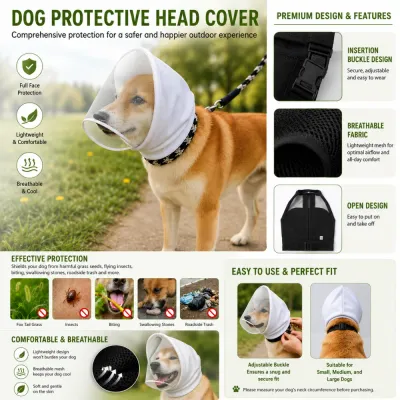 Premium Dog Protective Head Cover with Breathable Mesh Design Dog wearing breathable protective head cover outdoors with adjustable buckle and full face protection