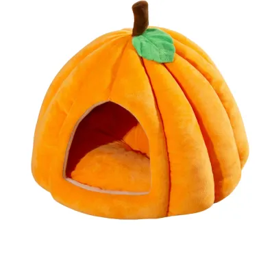 Pumpkin Shape Semi-Enclosed Cat Bed for Autumn Winter Soft plush pumpkin-shaped semi-enclosed cat bed with cozy cushion for indoor cats and kittens