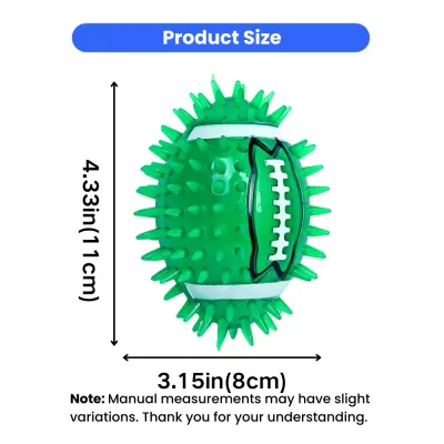 Durable Spiky Rugby Dog Chew Ball Toy Size Guide for Medium Dogs Green spiky rugby-shaped dog chew ball toy with product size dimensions 3.15in x 4.33in for pet chewing and interactive play