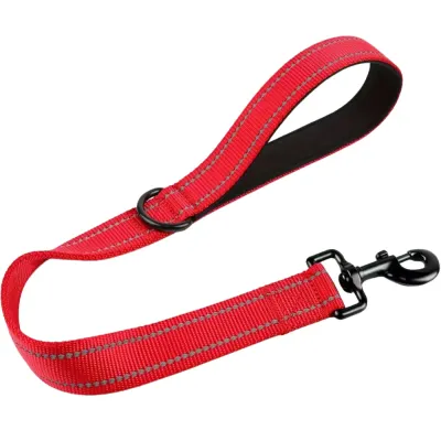 Red reflective nylon dog traffic leash with soft padded handle and metal swivel clasp