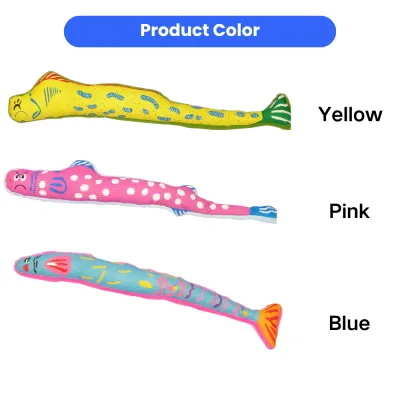 Soft plush catnip fish cat toy available in yellow pink and blue colors for playful indoor cats
