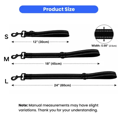 Reflective dog traffic leash size chart showing S M and L lengths with padded handle width details