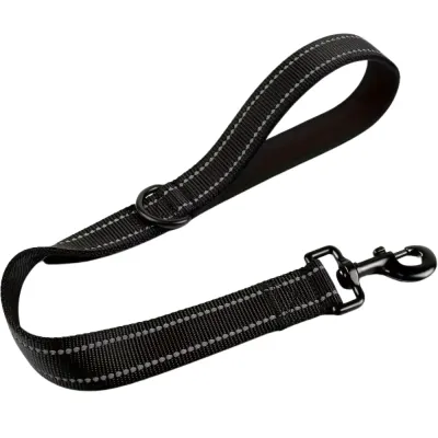 Black reflective nylon dog traffic leash with padded handle and swivel hook for daily walks and training