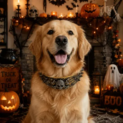 Golden Retriever Wearing Halloween Skull Spike Dog Collar Golden retriever wearing a Halloween skull spike dog collar in festive Halloween home decor