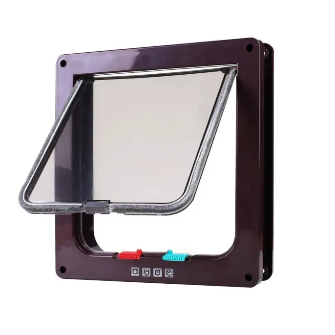Brown 4 Way Locking Cat Door for Home Use Brown pet flap door with lockable transparent swing flap for cats and small pets