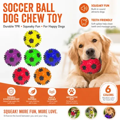 Golden retriever playing with durable squeaky TPR soccer ball dog chew toy