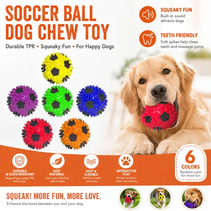 Squeaky Soccer Ball Dog Chew Toy for Aggressive Chewers Golden retriever playing with durable squeaky TPR soccer ball dog chew toy