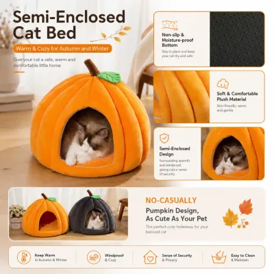 Cozy Semi-Enclosed Pumpkin Cat Bed for Indoor Cats Semi-enclosed plush pumpkin cat bed with soft material and non-slip bottom for cats