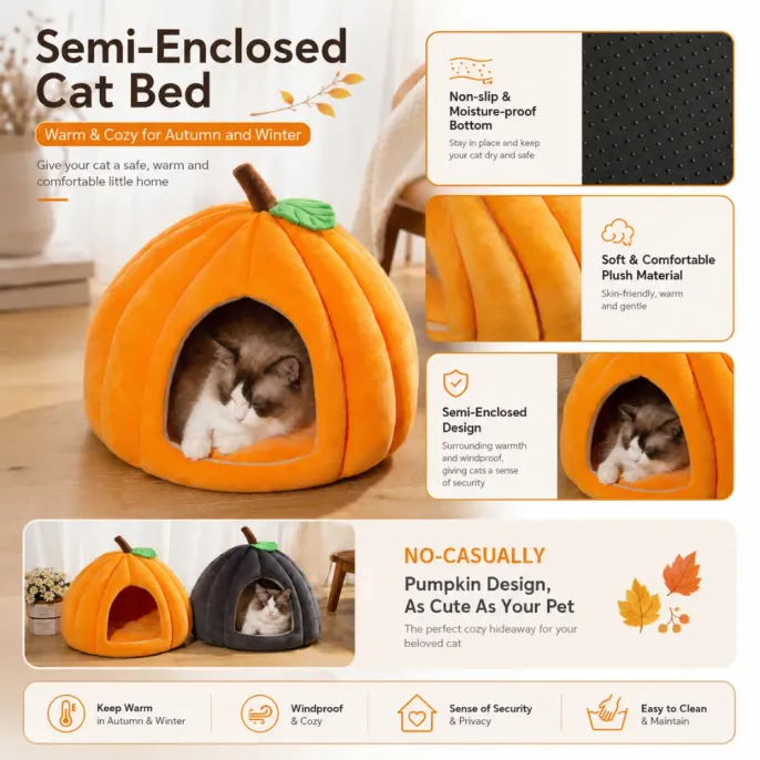 Cozy Semi-Enclosed Pumpkin Cat Bed for Indoor Cats Semi-enclosed plush pumpkin cat bed with soft material and non-slip bottom for cats