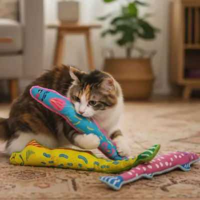 Indoor cat playing with colorful plush fish-shaped catnip toys on carpet in living room