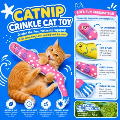 Orange cat playing with soft plush fish catnip toy featuring crinkle paper and durable stitching