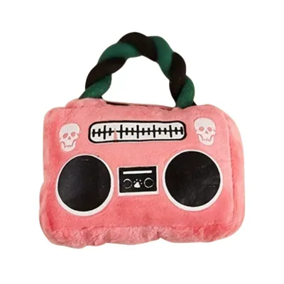 Pink Plush Boombox Dog Squeaky Toy with Rope Handle Pink plush boombox dog toy with cotton rope handle and built-in squeaker for puppies and small dogs