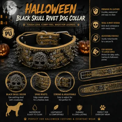 Halloween Black Skull Rivet Dog Collar Waterproof PU Leather Halloween black skull rivet dog collar with waterproof PU leather and adjustable buckle