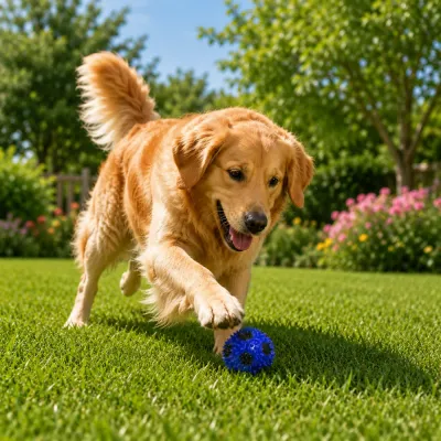 Golden retriever running on grass with blue spiky soccer ball dog toy