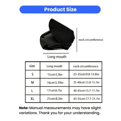Dog Protective Head Cover Size Guide for Small to Large Dogs Size chart for breathable dog protective head cover with neck circumference and long mouth measurements
