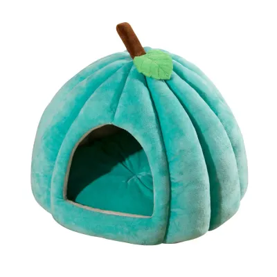 Blue Semi-Enclosed Pumpkin Cat Bed for Small Pets Soft blue plush pumpkin cat cave bed for cats kittens and small pets