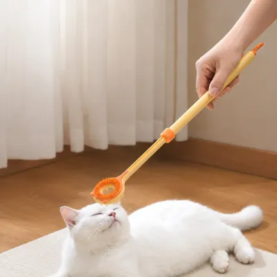 Cat enjoying massage with telescopic grooming and teaser wand indoors