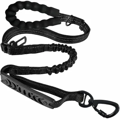 Heavy duty elastic shock absorbing dog leash with padded handle and safety car buckle for large dogs