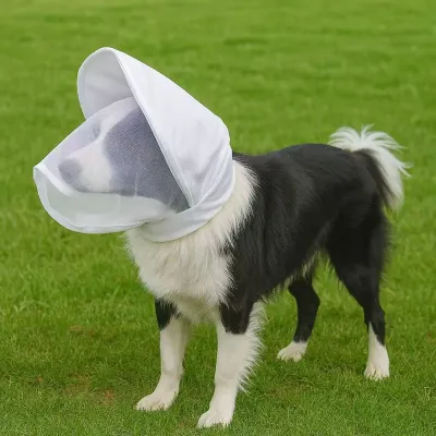 Outdoor Dog Protective Head Cover for Grass Allergy Protection Border Collie wearing white breathable dog protective head cover on grass field for outdoor face protection