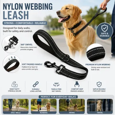 Heavy duty reflective nylon dog leash with padded handle swivel clasp and durable webbing for dogs