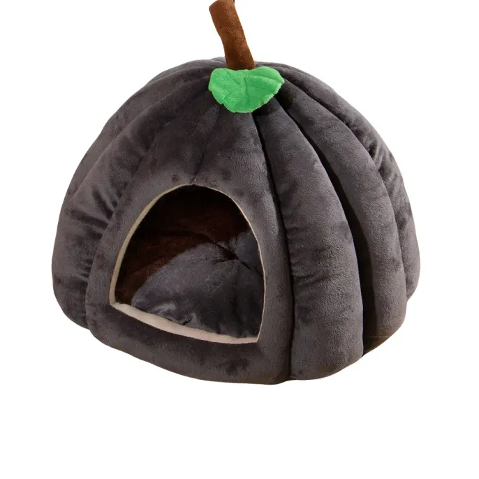Grey Pumpkin Plush Cat Bed for Indoor Cats Grey plush pumpkin cat bed with soft cushion and semi-enclosed design for cats