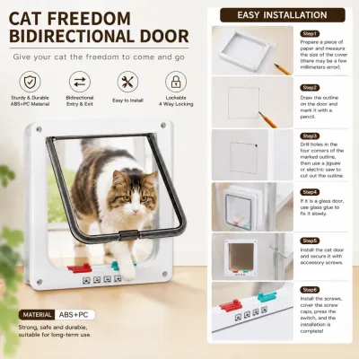 Easy Installation 4 Way Locking Cat Flap Door Cat freedom bidirectional pet door with installation steps and lockable flap design