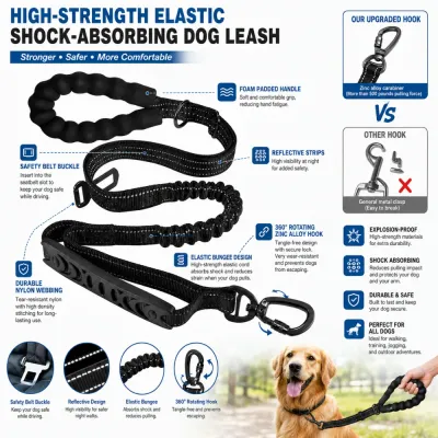 High strength dog leash with reflective strips padded handle zinc alloy hook and elastic bungee design